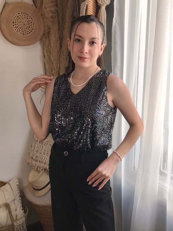 Musculosa Tuscany Lentejuelas NegrO Plata — imagen 2