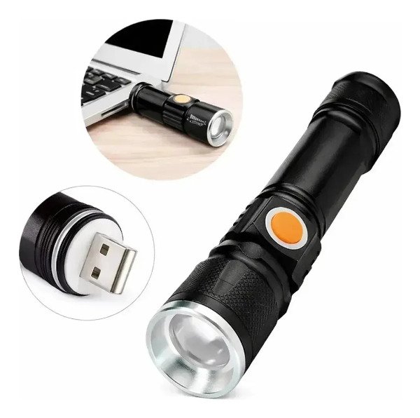 Producto - Linterna Mano Led T6 Aluminio Tactica Recargable USB Trasero sin Cables 3600L - 0