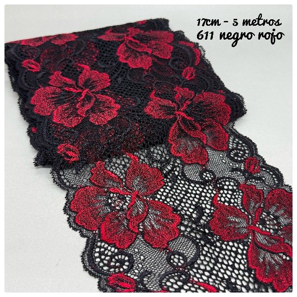 Producto - 611- Puntilla Elastizada Negro Rojo 17cm - 5 metros