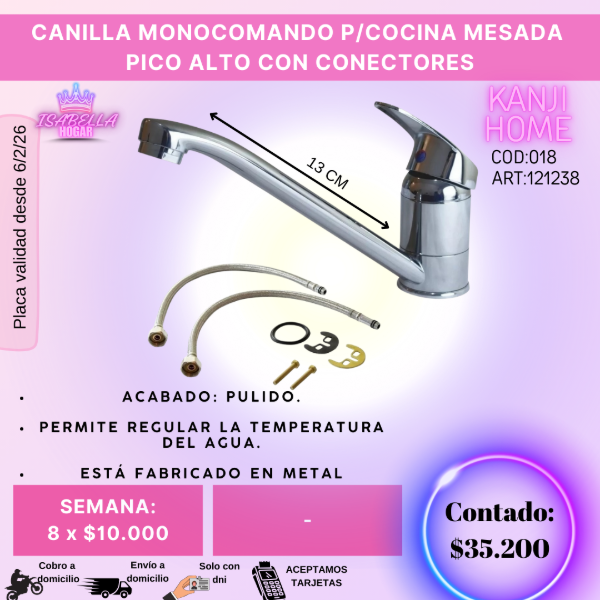 Producto - CANILLA MONOCOMANDO P/COCINA MESADA PICO ALTO CON CONECTORES