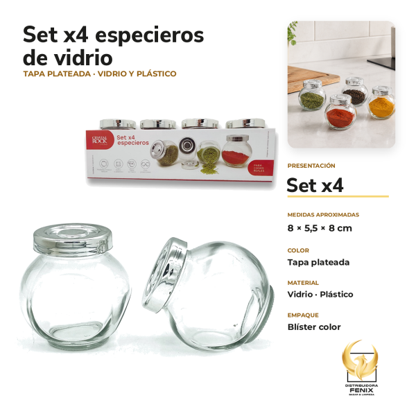 Producto - Set x4 especieros de vidrio con tapa plateada