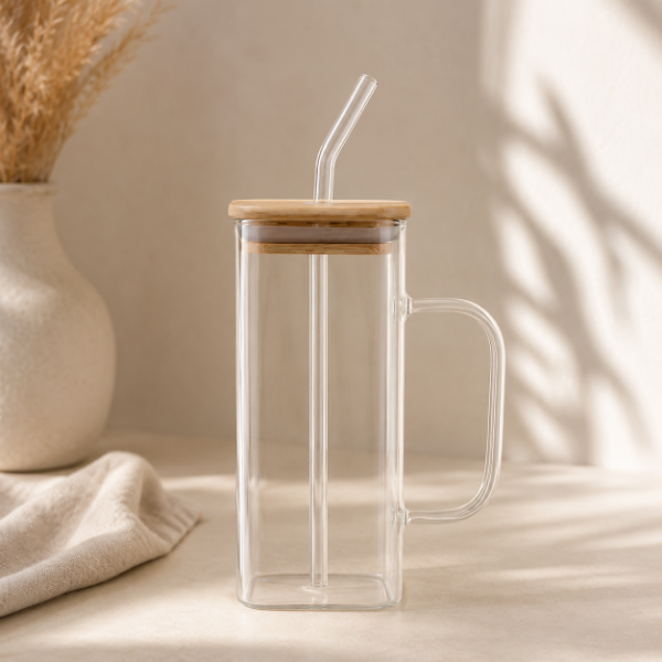 Producto - Vaso de Vidrio Cuadrado con Asa, Tapa de Bambú y Bombilla 400 cc