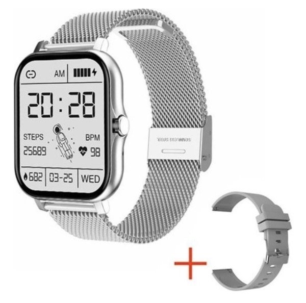 Producto - Reloj inteligente con malla intercambiable de goma y metálica plateado