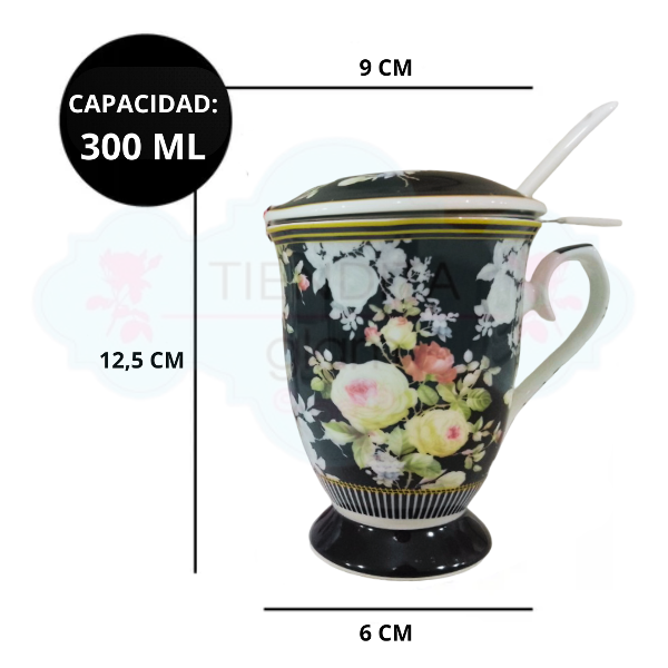 Producto - TAZA DE PORCELANA NEGRA CON FILTRO Y CUCHARA CON FLORES 300 ML - 2