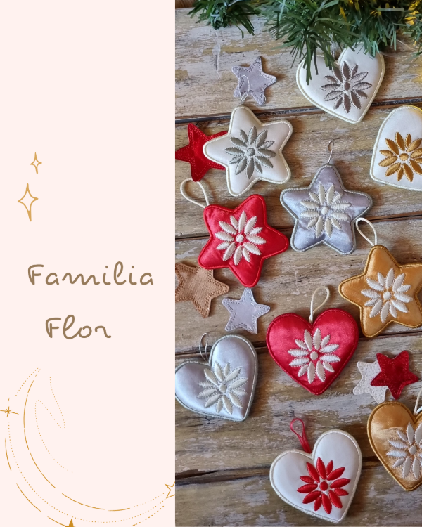 Producto - Navidad 2025 - Deco Navideña en tela - "Familia Flor" - Estrellas y Corazones