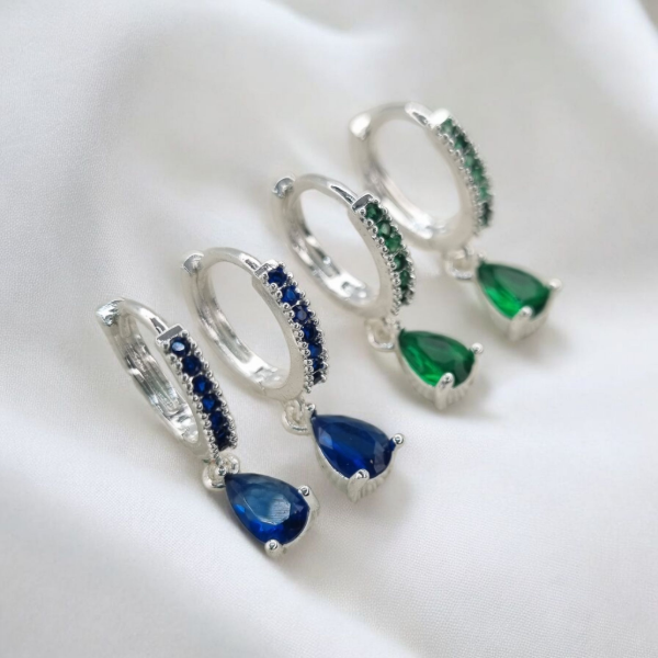 Producto - Aros acero blanco argollita strass colgante gota gema color