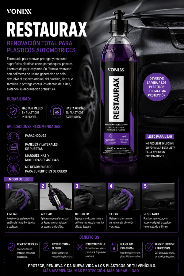 Producto - Vonixx Restaurax 500ml Restaurador de Plásticos Interior y Exterior