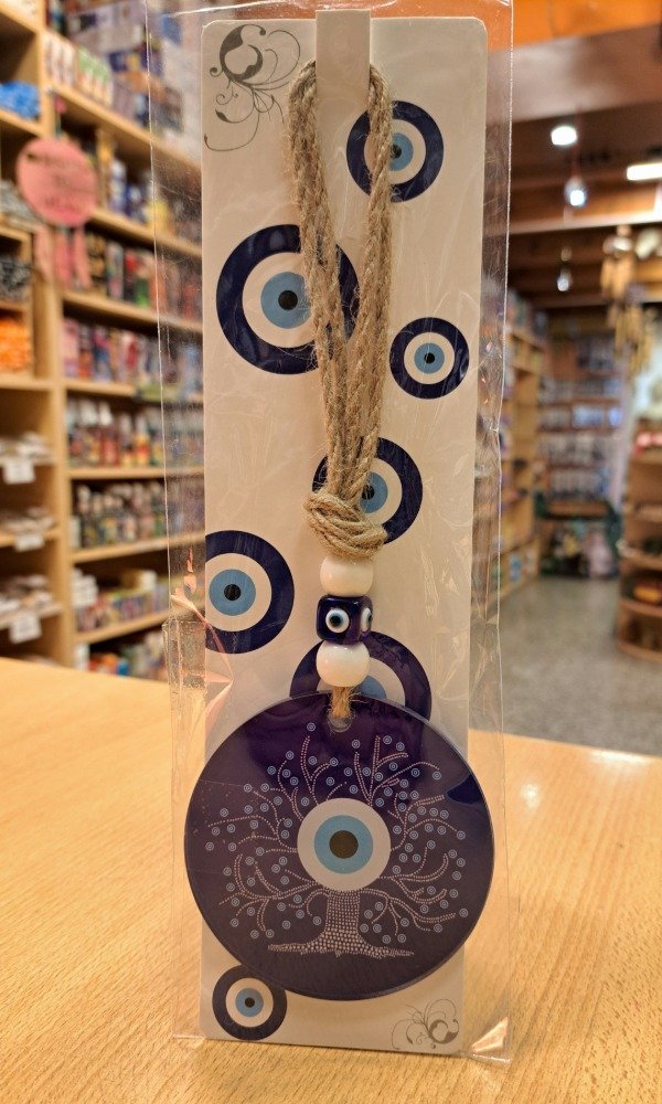Producto - Colgante de vidrio Arbol azul con hilo yute 22 cm x 8 cm diametro