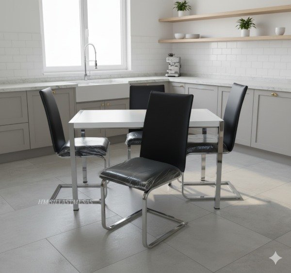 Producto - Mesa Copenhague base cromada. Sillas Madrid TAPIZADO PREMIUM y caño cromado