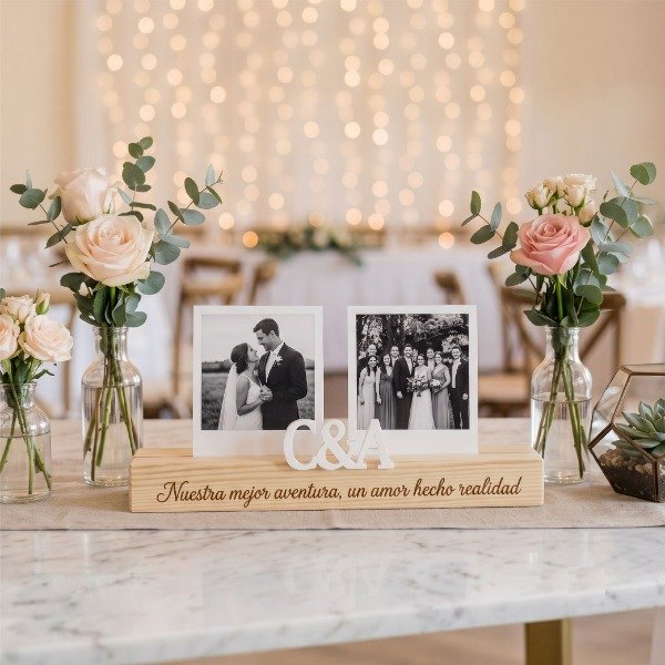 Producto - Porta Fotos de Madera con Iniciales y Grabado