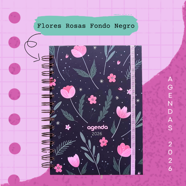 Producto - Agenda 2026 - Flores Rosas Fondo Negro