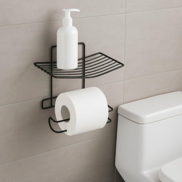 Producto - PORTA ROLLO PAPEL HIGIENICO Y ESTANTE DE METAL NEGRO CON ADHESIVO 19X10X14CM