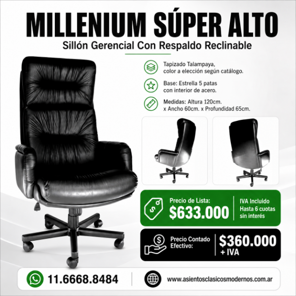 Producto - Sillón Gerencial MILLENIUM, Respaldo Reclinable, SÚPER ALTO!!
