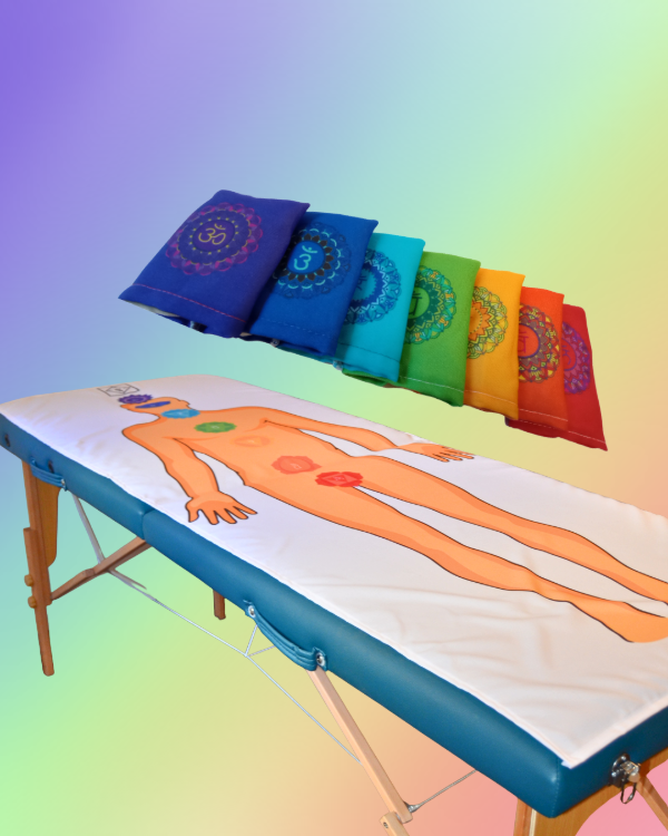 Producto - Manta Testigo + Conjunto almohadillas 7 chakras de cuarzo