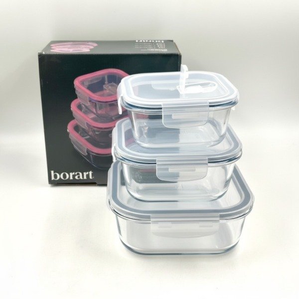 Producto - SET X 3 HERMETICOS CUADRADO VIDRIO BOROSILICATO CON TAPA 520ML 800ML 1200ML