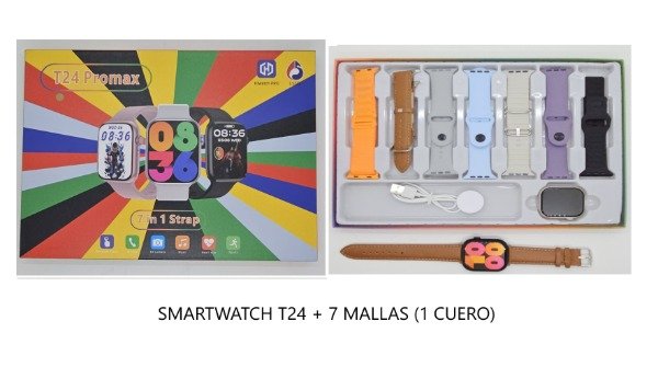 Producto - COMBO RELOJ SMARTWATCH T24 + 7 MALLAS (SM7COL)