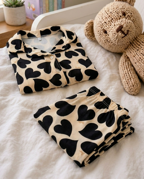 Producto - Pijama camisero largo niños - Natural con corazones