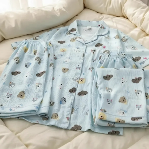 Producto - Pijama Camisero Mujer Kawaii 3 Piezas Perritos Colores