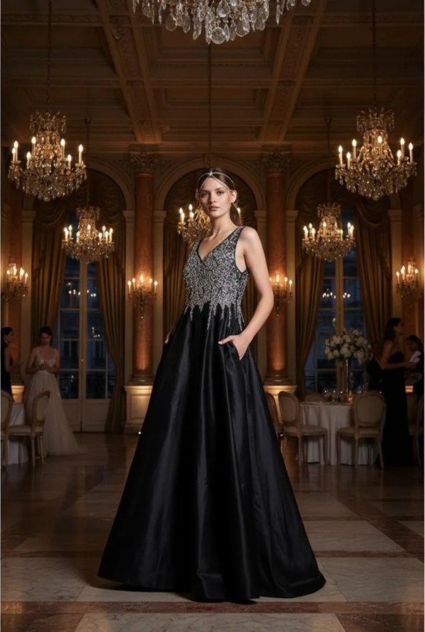 Producto - Vestido de Gala con pedrería falda amplia con bolsillos