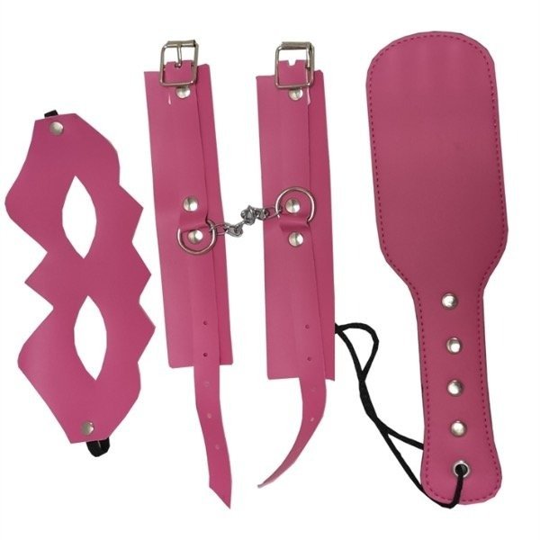 Producto - Kit de cuero esposas, antifaz y fusta rosa