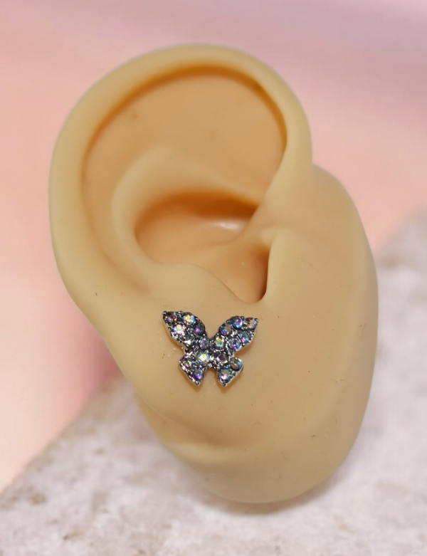 Producto - Aros pasante mariposa brillos tornasol