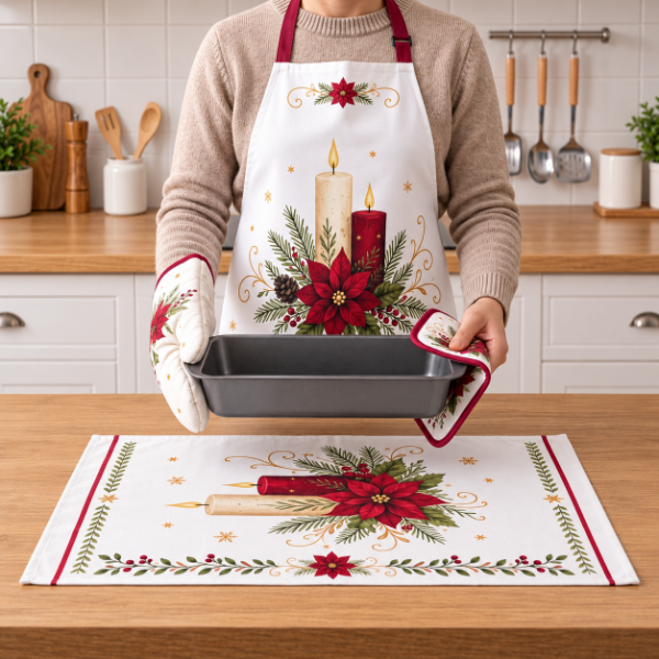 Producto - SET DE COCINA NAVIDEÑO 4 PIEZAS DELANTAL PAÑO GUANTE POSAFUENTE - 1