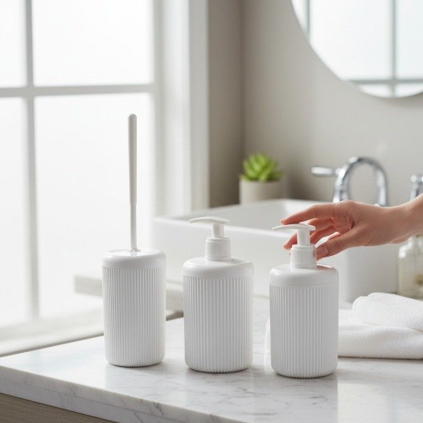 Producto - SET DE BAÑO DE 3 PIEZAS CON ESCOBILLA PLASTICO RAYADO VOCE - 1