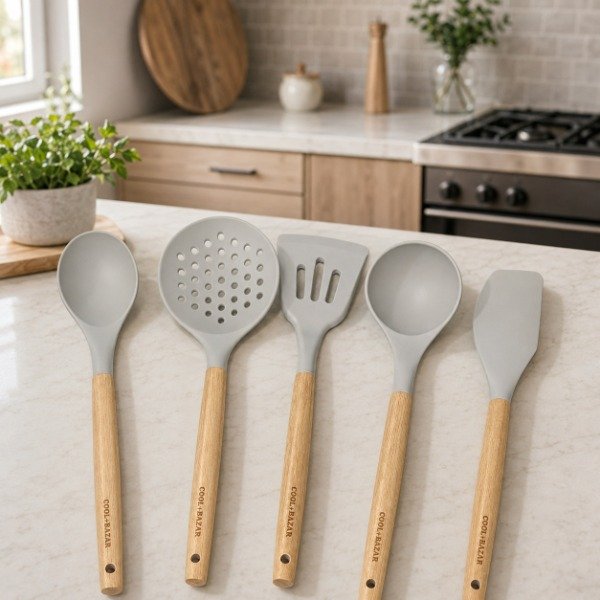 Producto - SET DE 5 UTENSILIOS DE SILICONA Y MADERA PREMIUM 32 CM - 0