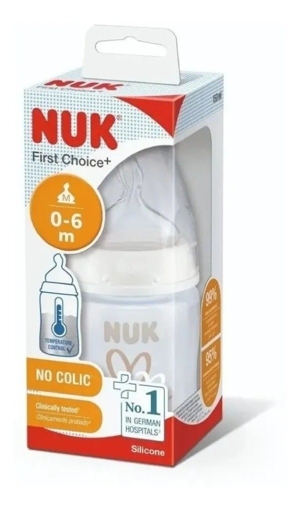 Producto - MAMADERA 0/6 MESES 150ML CON CONTROL DE TEMPERATURA Y ESTAMPA CORAZON NUK