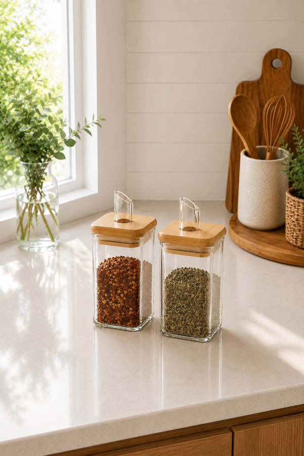 Producto - Frascos de vidrio con pico vertedor y tapa de bambú