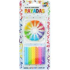 Producto - VELAS RAYADAS MULTICOLORES C/12 BASES - Blister x 24 u