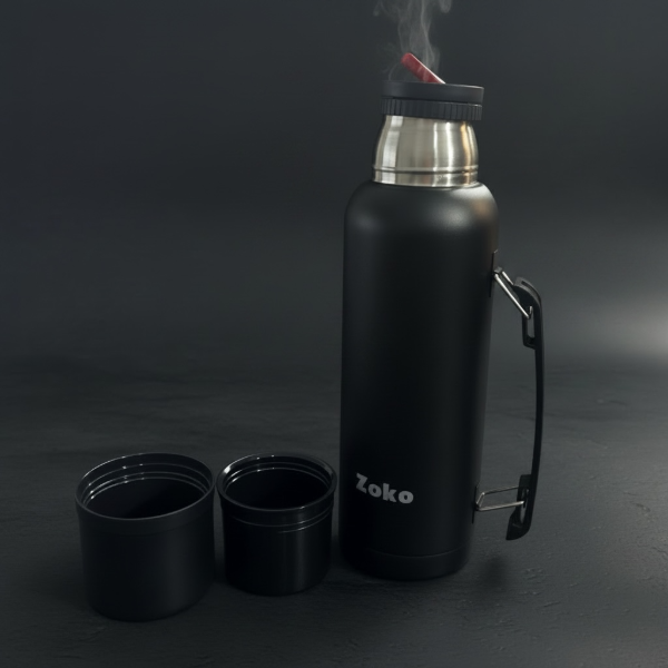 Producto - TERMO ACERO INOX DOBLE CAPA 1LT CON TAPA, VASO Y PICO CEBADOR 12HS CALIENTE ZOKO