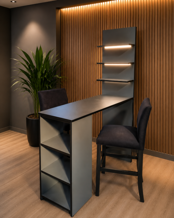 Producto - BARRA MODERNA CON LUCES LED EN LOS ESTANTES EN MELAMINA SOBRE MDF + DOS BUTACAS