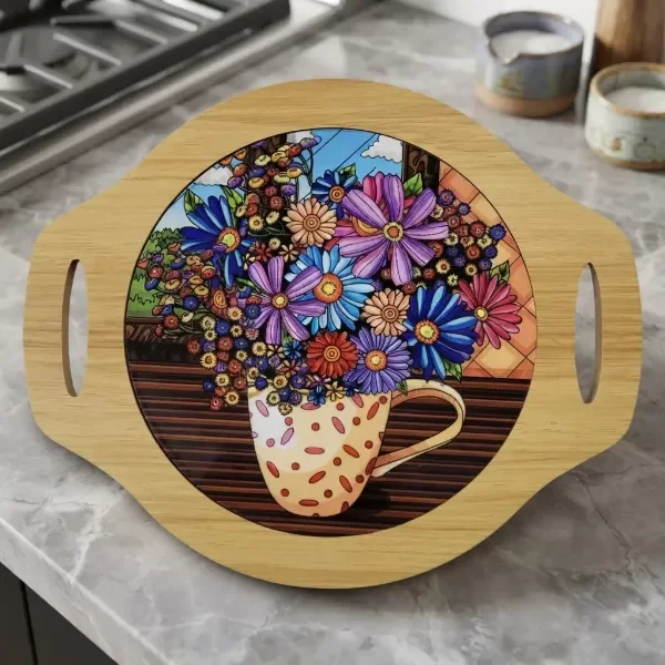 Producto - Posa Pava Fuente con asas Madera- Dibujo en PVC Redonda - 3