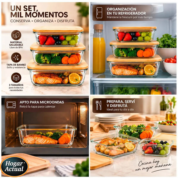 Producto - Set X3 recipientes hermetico -vidrio -tapa de bambu -apto microondas/horno/freez - 5
