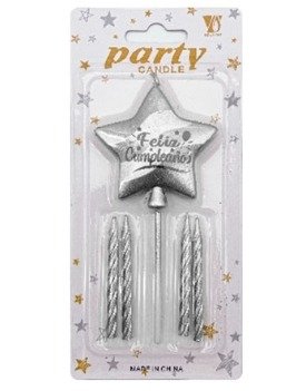 Producto - VELA ESTRELLA FELIZ CUMPLEAÑOS 5 PCS PLATEADO