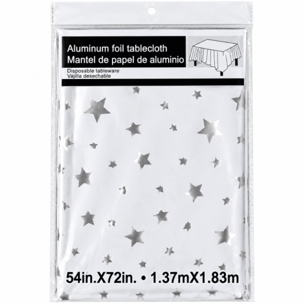 Producto - Mantel Metalizado Descartable Blanco / Estrellas Plateadas - 1