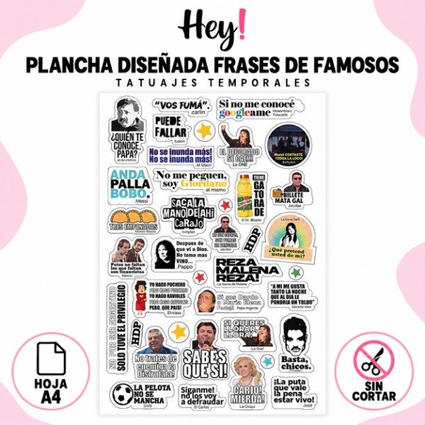 Producto - PLANCHA A4 PREDISEÑADA FRASES DE FAMOSOS - TATUAJES TEMPORALES - 0