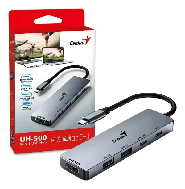 Producto - Hub Genius Uh-500 5 En 1 Usb C-hdmi-usb 3.0 Usb C Color Gris Color Gris oscuro