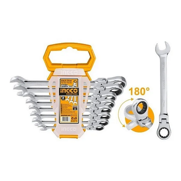 Producto - Juego Llaves Combinadas 8 Piezas CON CRIQUET (8-19 mm) - INGCO - HKSPAR1083