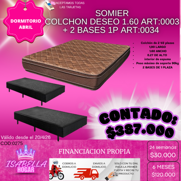Producto - SOMIER COLCHON DESEO 1.60 + 2 BASES DE 1P - COD:0275