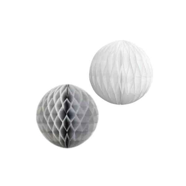 Producto - Kit esferas de papel silver x4un colores plateado y blanco