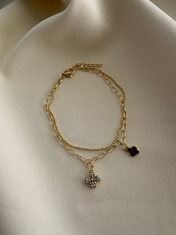 Producto - Pulsera doble flor VC lisa y cristal - Acero dorado