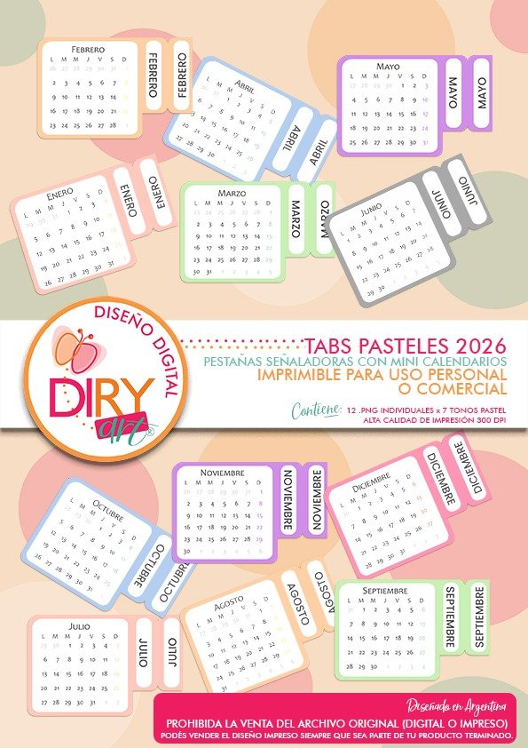 Producto - Tabs pasteles con mini calendario 2026 - Pestañas señaladoras