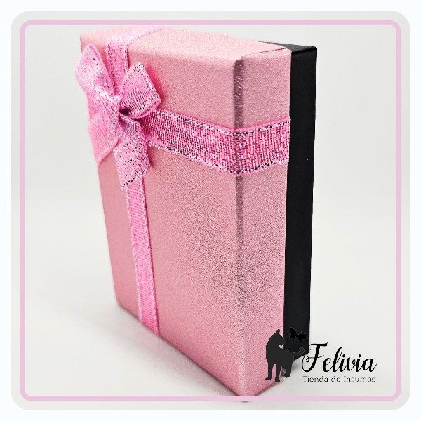 Producto - Cajita para collar o set Rosa/Negro con moño 6,5cm x 8,5cm