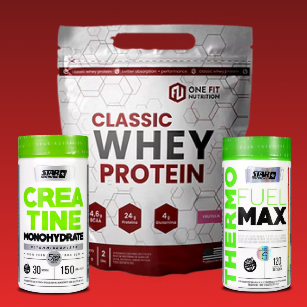 Producto - Proteina 2lb ONE FIT + Creatina 150gs. + Quemador 120 caps. STAR NUTRITION