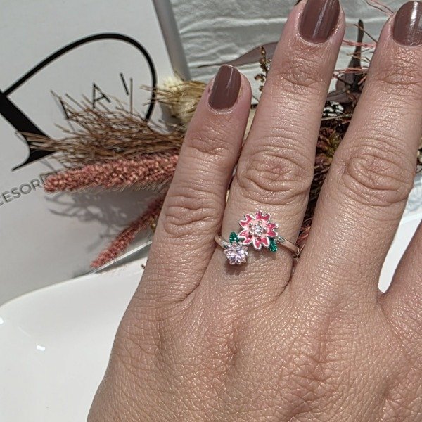 Producto - Anillo Plata 925 flor roja con cubic rosa clarito