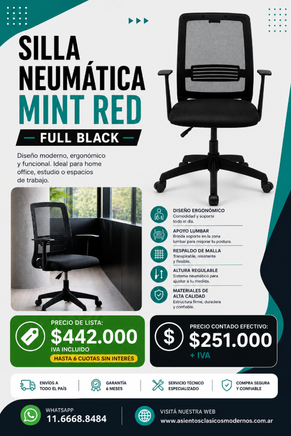 Producto - HOME OFFICE Silla MINT Neumática C/Brazos, Rdo. RED Tapiz Eco/Lino/Marathon!!