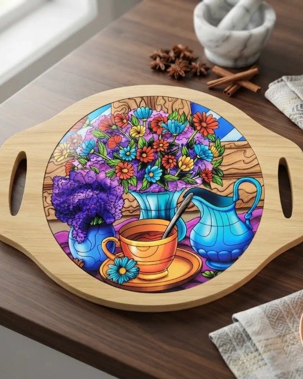 Producto - Posa Pava Fuente con asas Madera- Dibujo en PVC Redonda - 4