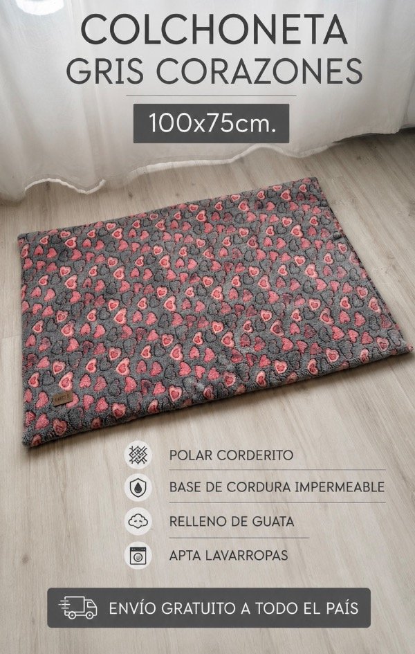 Producto - COLCHONETA POLAR CORDERITO GRIS CORAZONES